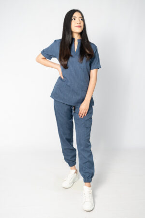 Ladies Denim Blue Linen Scrub Set