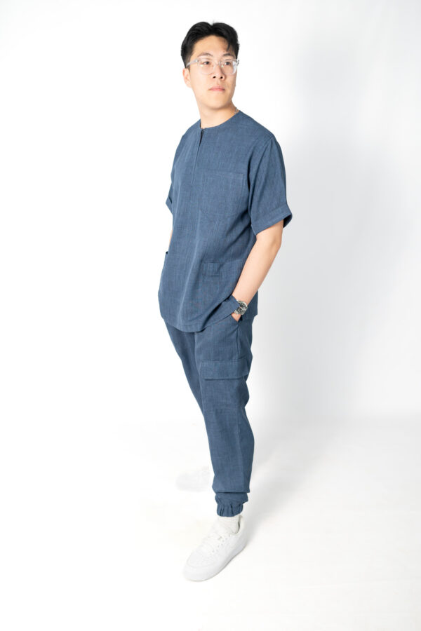 Mens zipper linen scrub top and jogger linen scrub pants - denim Blue | Denim Blue Scrubs for Men