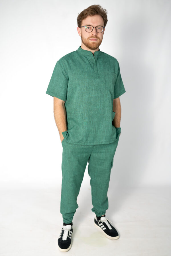 Mens mandarin linen scrub top - Mint