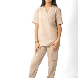 Ladies Beige Linen Scrub Set