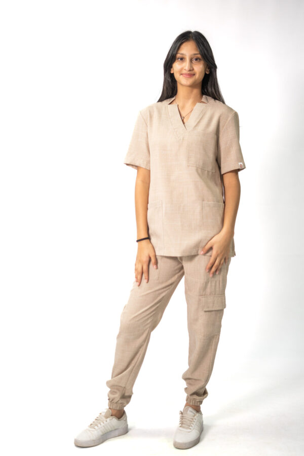 Ladies Beige Linen Scrub Set