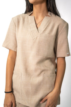 Ladies Beige Linen Scrub Set