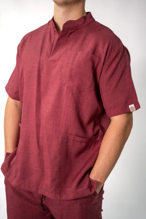Mens mandarin linen scrub top - Maroon