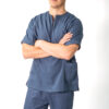 Mens zipper linen scrub top - Denim blue