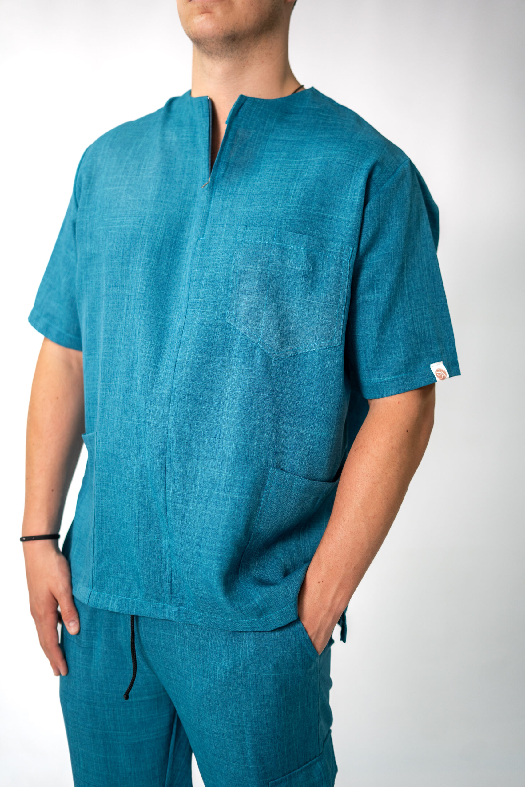 Teal Linen Scrub Set