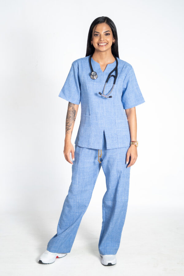 Madeleine linen scrub top and papillon linen scrub pants for women - skye