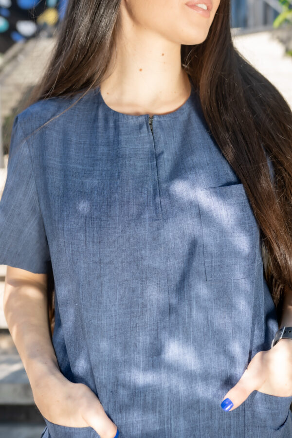 Zipper linen scrub top for women - denim blue