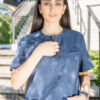 Zipper linen scrub top for women - denim blue