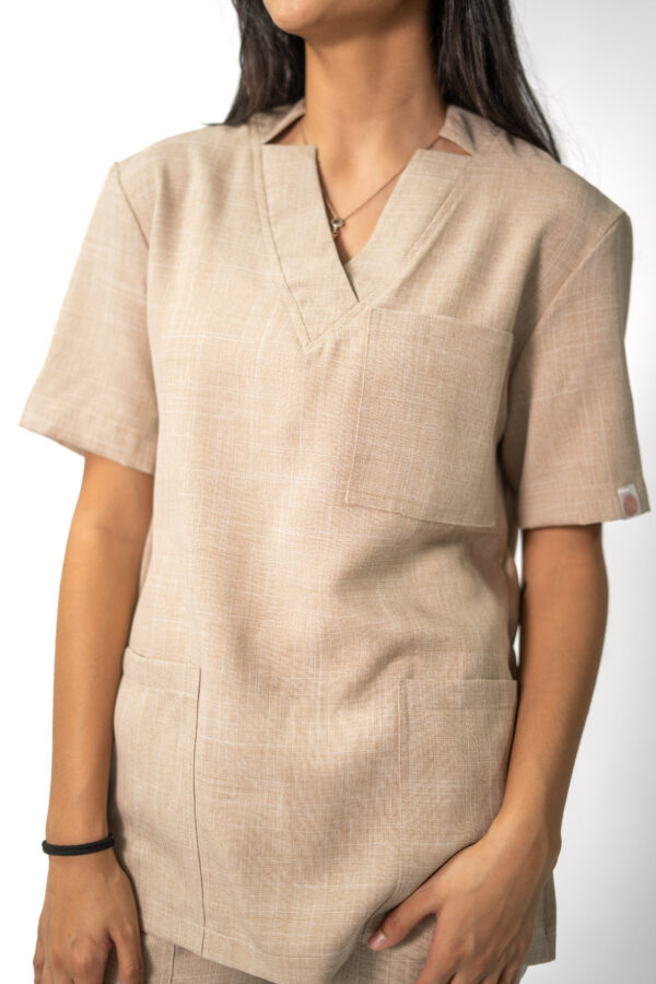 Ve linen scrub top for women — structured lapel neckline, Scrub Atelier