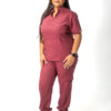 Mandarin linen scrub top and jogger pants for women - maroon