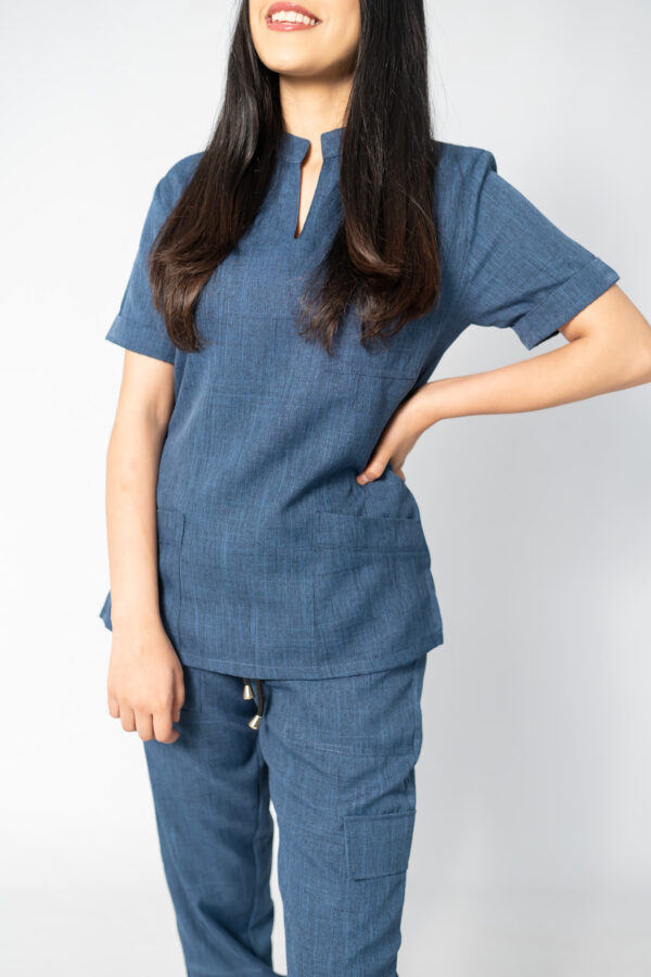 Mandarin linen scrub top for women - denim blue
