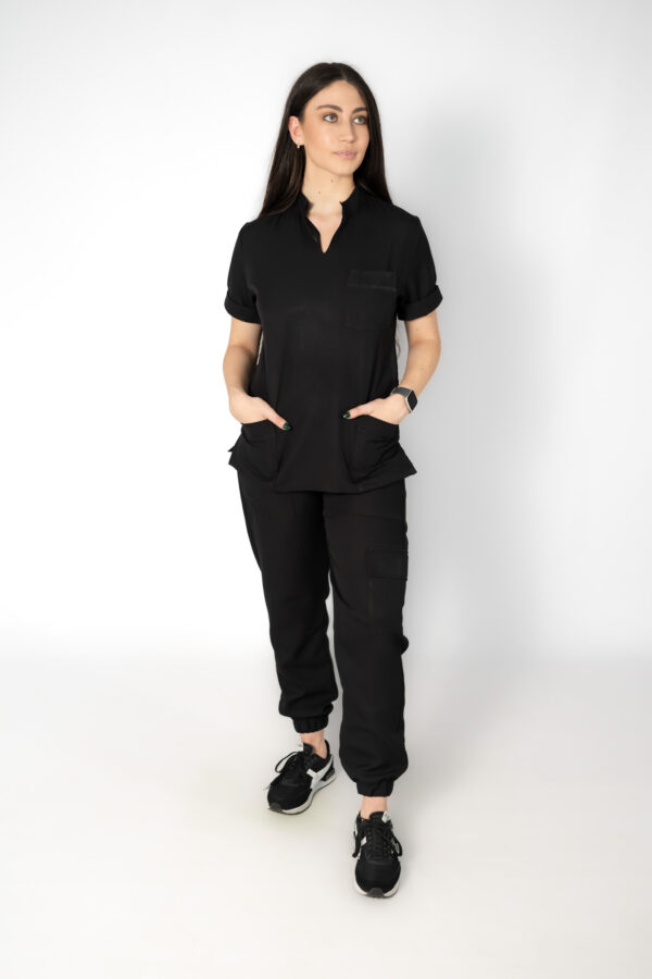 Mandarin stretch scrub top and jogger pants for women - black