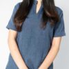 Mandarin linen scrub top for women - denim blue