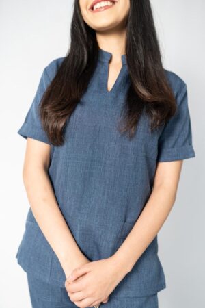 Mandarin linen scrub top for women - denim blue