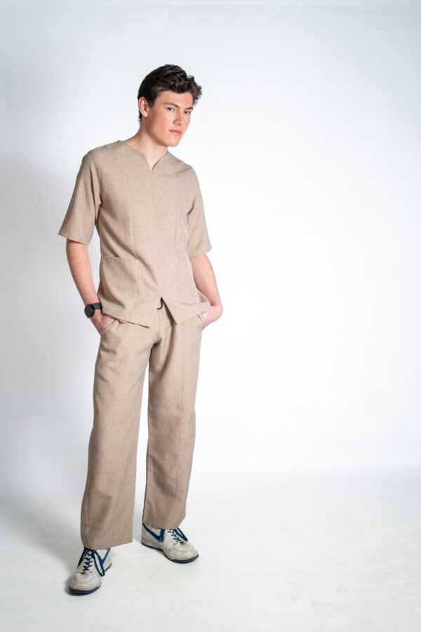 Mens papillon linen scrub top and mens papillon linen scrub pants - Beige