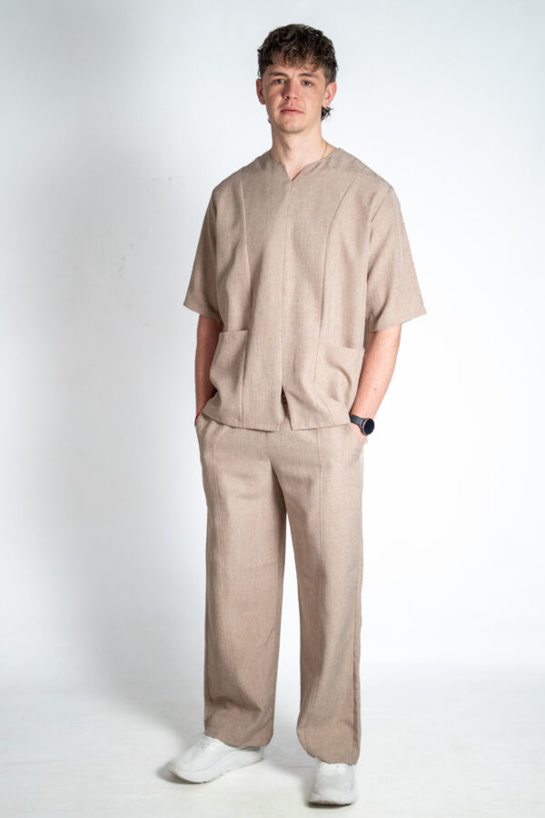 Mens papillon linen scrub top and mens papillon linen scrub pants - Beige