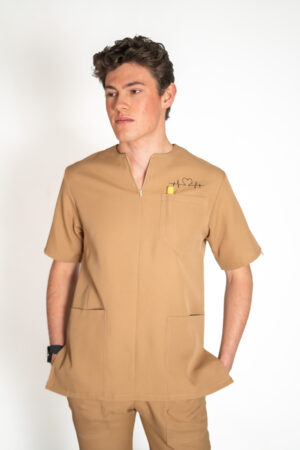 Men's Zipper PolyBlend Scrub Top - French Beige