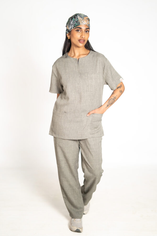 Womens zipper linen scrub top and womens straight leg linen scrub pants - Lighthouse