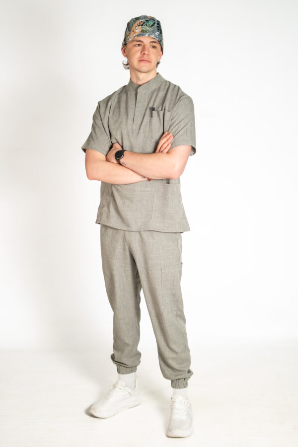 Men's mandarin linen scrub top | Men's jogger linen scrub pants - Lighthouse