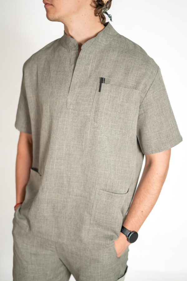 Mens mandarin linen scrub top - Lighthouse